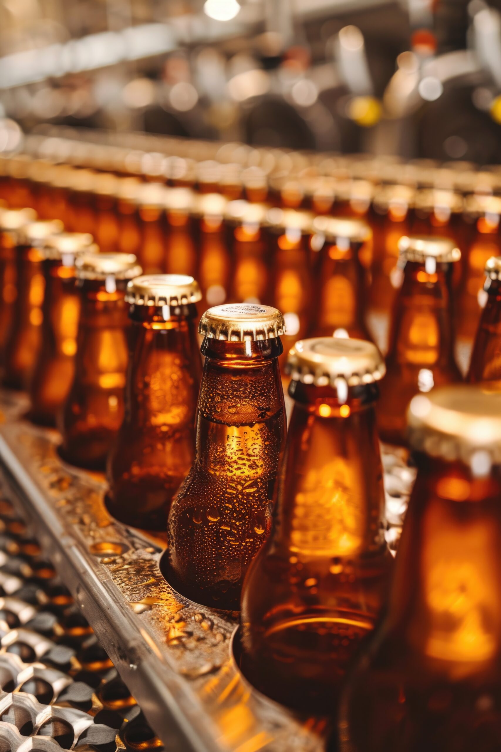Beer bottles moving on a conveyor belt, suitable for manufacturing or production concepts